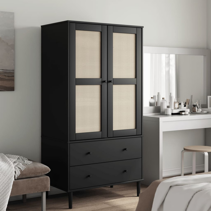 SENJA Wardrobe with Rattan Look in Black - Solid Pine Wood, 90x55x175 cm - Premium  from Home Treasures - Just £404.99! Shop now at Home Treasures