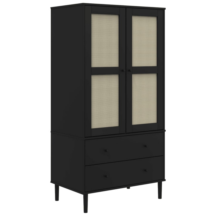 SENJA Wardrobe with Rattan Look in Black - Solid Pine Wood, 90x55x175 cm - Premium  from Home Treasures - Just £404.99! Shop now at Home Treasures