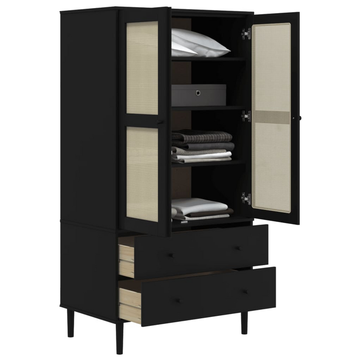 SENJA Wardrobe with Rattan Look in Black - Solid Pine Wood, 90x55x175 cm - Premium  from Home Treasures - Just £404.99! Shop now at Home Treasures