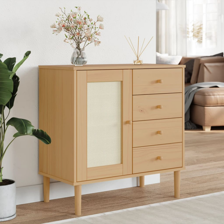 Stylish SENJA Sideboard in Brown with Rattan Look - Solid Pine Wood, 80x40x80 cm, Ample Storage, UV Varnish Finish - Premium  from Home Treasures - Just £103.99! Shop now at Home Treasures