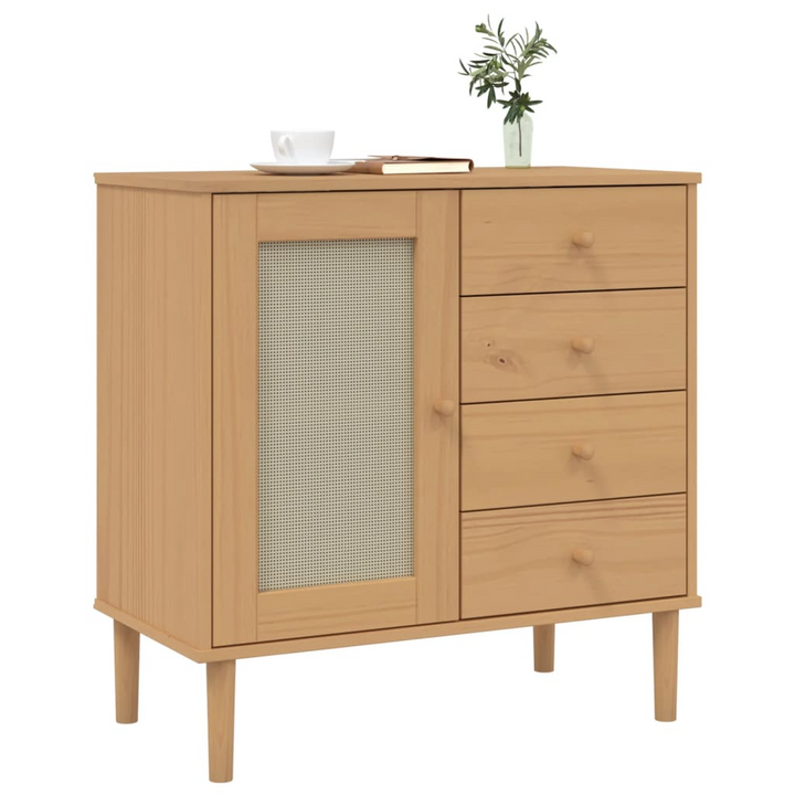 Stylish SENJA Sideboard in Brown with Rattan Look - Solid Pine Wood, 80x40x80 cm, Ample Storage, UV Varnish Finish - Premium  from Home Treasures - Just £103.99! Shop now at Home Treasures