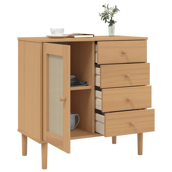 Stylish SENJA Sideboard in Brown with Rattan Look - Solid Pine Wood, 80x40x80 cm, Ample Storage, UV Varnish Finish - Premium  from Home Treasures - Just £103.99! Shop now at Home Treasures