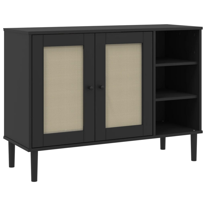 SENJA Black Sideboard with Rattan Look - 112x40x80cm Solid Pine Wood - Mid-century Modern Storage Cabinet - Premium  from Home Treasures - Just £184.99! Shop now at Home Treasures