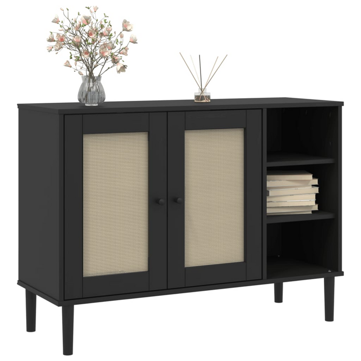 SENJA Black Sideboard with Rattan Look - 112x40x80cm Solid Pine Wood - Mid-century Modern Storage Cabinet - Premium  from Home Treasures - Just £184.99! Shop now at Home Treasures