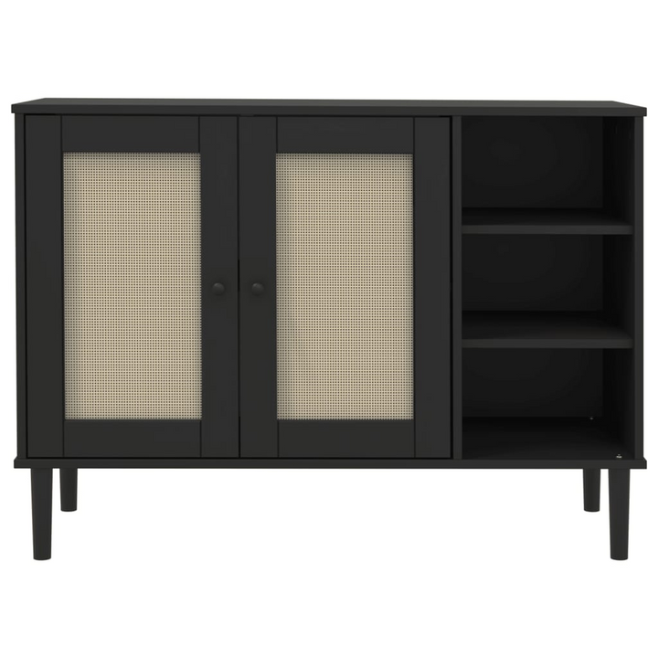 SENJA Black Sideboard with Rattan Look - 112x40x80cm Solid Pine Wood - Mid-century Modern Storage Cabinet - Premium  from Home Treasures - Just £184.99! Shop now at Home Treasures