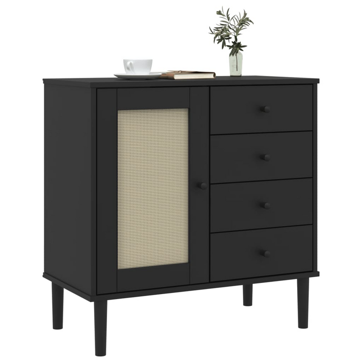 SENJA Black Sideboard with Rattan Look - 80x40x80 cm, Solid Pine Wood, Ample Storage, Minimalist & Stylish - Premium  from Home Treasures - Just £124.99! Shop now at Home Treasures