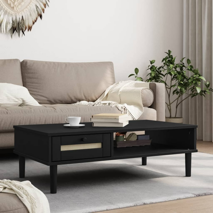 SENJA Black Coffee Table 100x55x33 cm - Elegant Rattan Look with Solid Wood & Storage - Premium  from Home Treasures - Just £107.99! Shop now at Home Treasures