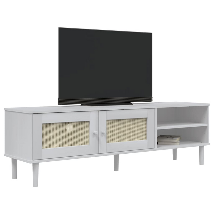 SENJA TV Cabinet - Stylish Rattan Look, Solid Pine Wood, White Finish - 158x40x49cm - Premium  from Home Treasures - Just £98.99! Shop now at Home Treasures