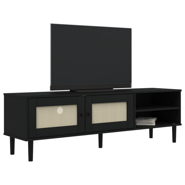 SENJA TV Cabinet - Black Rattan Look, Solid Pine Wood, 158x40x49cm - Boho & Midcentury Modern Style TV Console - Premium  from Home Treasures - Just £150.99! Shop now at Home Treasures