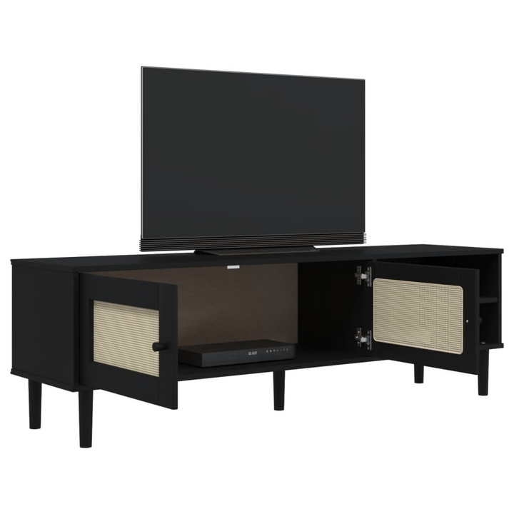 SENJA TV Cabinet - Black Rattan Look, Solid Pine Wood, 158x40x49cm - Boho & Midcentury Modern Style TV Console - Premium  from Home Treasures - Just £150.99! Shop now at Home Treasures