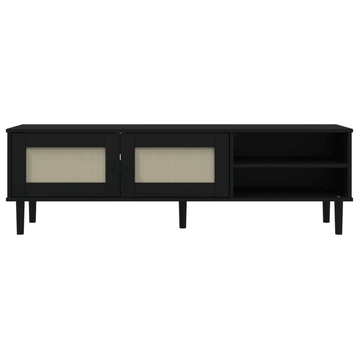 SENJA TV Cabinet - Black Rattan Look, Solid Pine Wood, 158x40x49cm - Boho & Midcentury Modern Style TV Console - Premium  from Home Treasures - Just £150.99! Shop now at Home Treasures