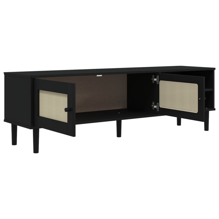 SENJA TV Cabinet - Black Rattan Look, Solid Pine Wood, 158x40x49cm - Boho & Midcentury Modern Style TV Console - Premium  from Home Treasures - Just £150.99! Shop now at Home Treasures