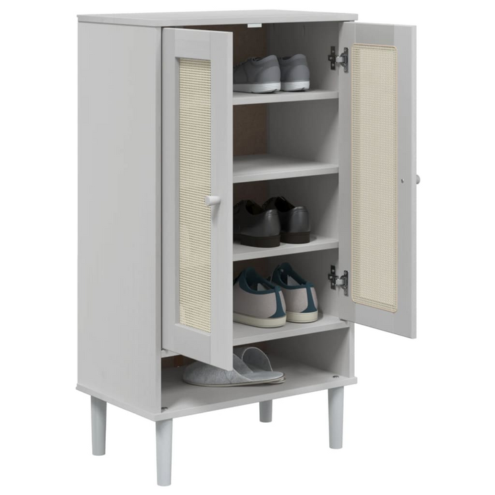 SENJA Shoe Cabinet with Rattan Look - Stylish White Solid Wood Storage Unit, 59.5x35x107 cm - Premium  from Home Treasures - Just £122.99! Shop now at Home Treasures