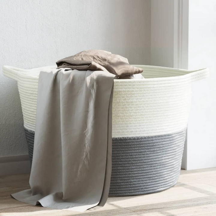 Grey and White Cotton Laundry Basket - Ø60x36 cm | Durable & Versatile Storage Solution - Premium  from Home Treasures - Just £34.99! Shop now at Home Treasures