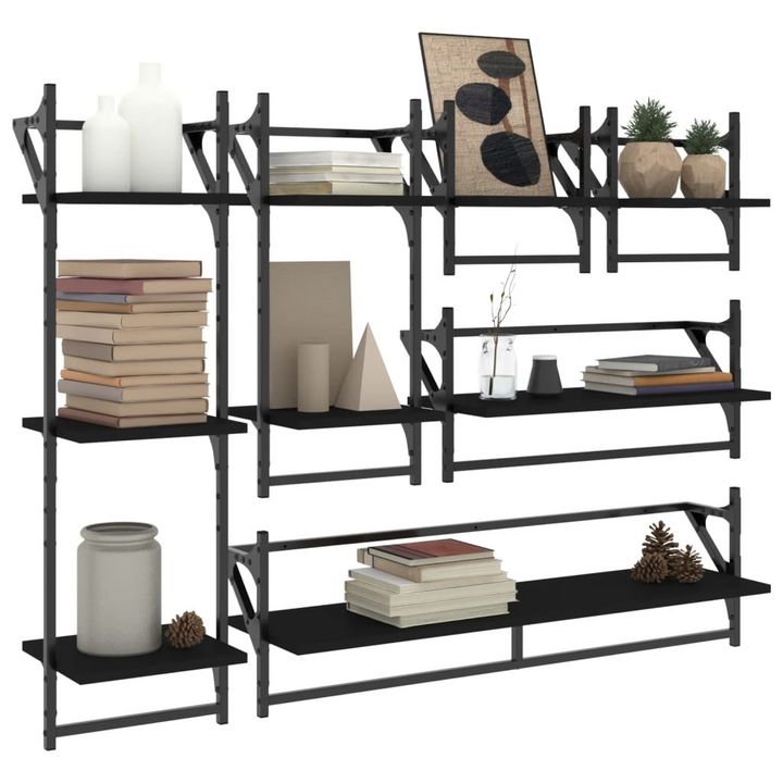 6 Piece Modern Floating Wall Shelf Set with Bars - Black Engineered Wood - Premium  from Home Treasures - Just £57.99! Shop now at Home Treasures