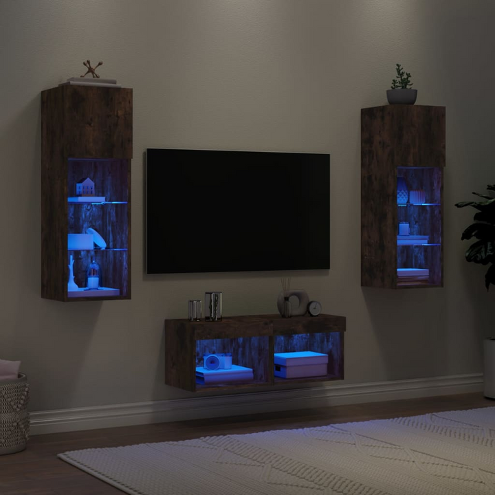 4 Piece TV Wall Cabinets with Customizable RGB LED Lights, Smoked Oak Finish - Modern Floating Units for Spacious Living Rooms - Premium  from Home Treasures - Just £142.99! Shop now at Home Treasures