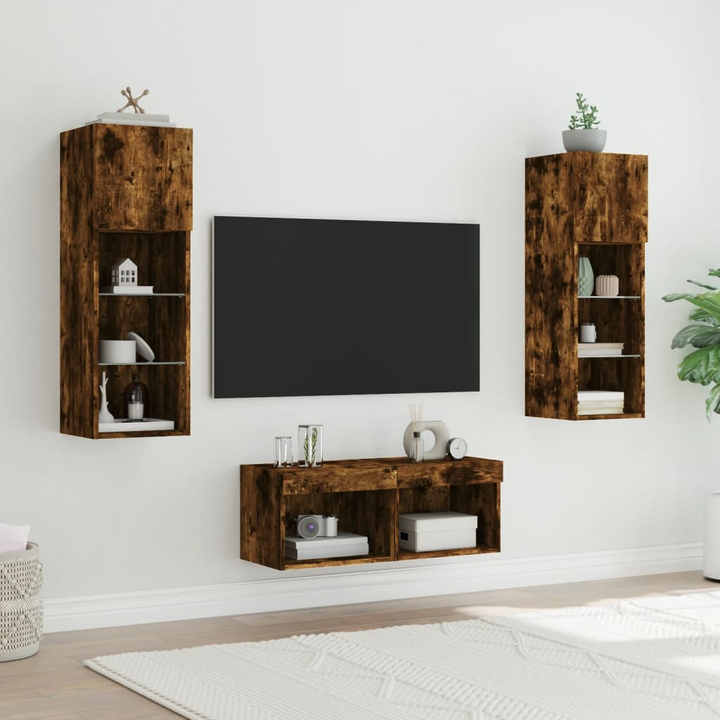 4 Piece TV Wall Cabinets with Customizable RGB LED Lights, Smoked Oak Finish - Modern Floating Units for Spacious Living Rooms - Premium  from Home Treasures - Just £142.99! Shop now at Home Treasures