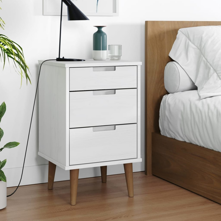 MOLDE Wooden Bedside Cabinet in White - 3 Drawer Nightstand | Solid Pine Wood - 40x35x65 cm | Scandinavian Design - Premium  from Home Treasures - Just £86.99! Shop now at Home Treasures