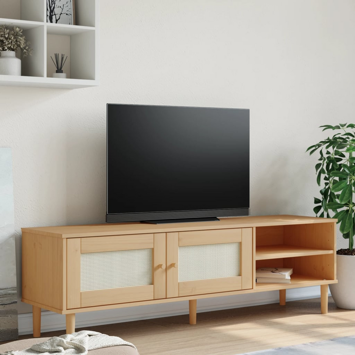 SENJA TV Cabinet with Rattan Look Brown 158x40x49cm - Rustic Solid Wood Pine, Spacious Storage - Premium  from Home Treasures - Just £119.99! Shop now at Home Treasures