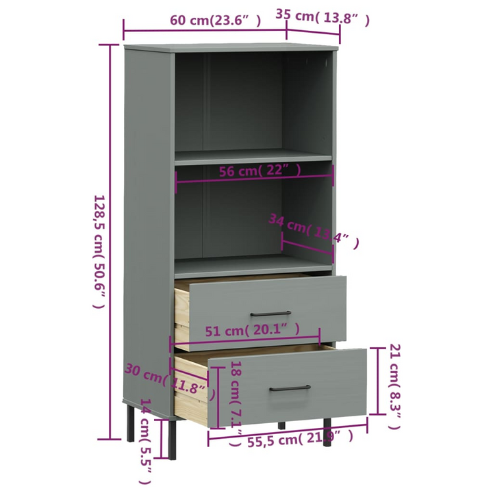 OSLO Solid Wood Bookcase with 2 Drawers - Grey 60x35x128.5 cm - Durable & Stylish Storage Solution - Premium  from Home Treasures - Just £148.99! Shop now at Home Treasures