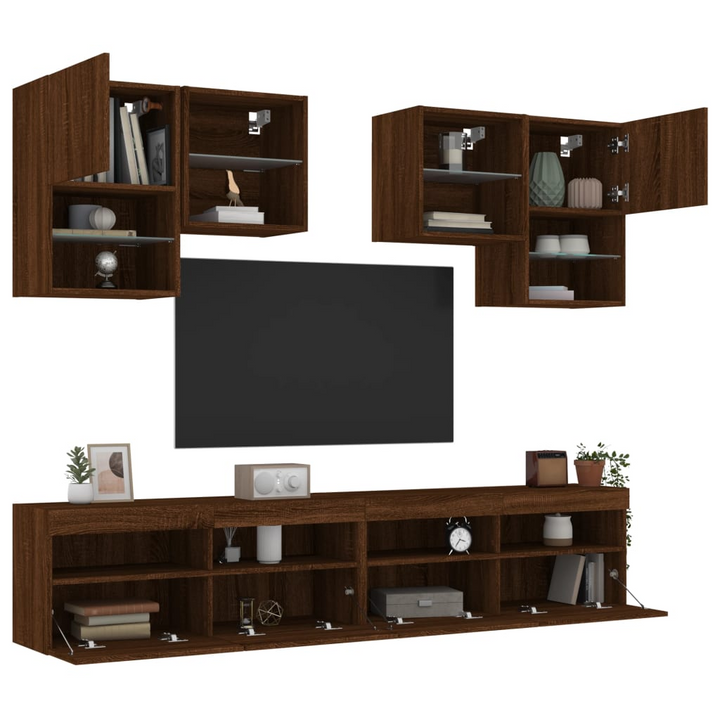 6 Piece TV Wall Cabinet Set with Customizable LED Lighting - Brown Oak Finish - Premium  from Home Treasures - Just £254.99! Shop now at Home Treasures