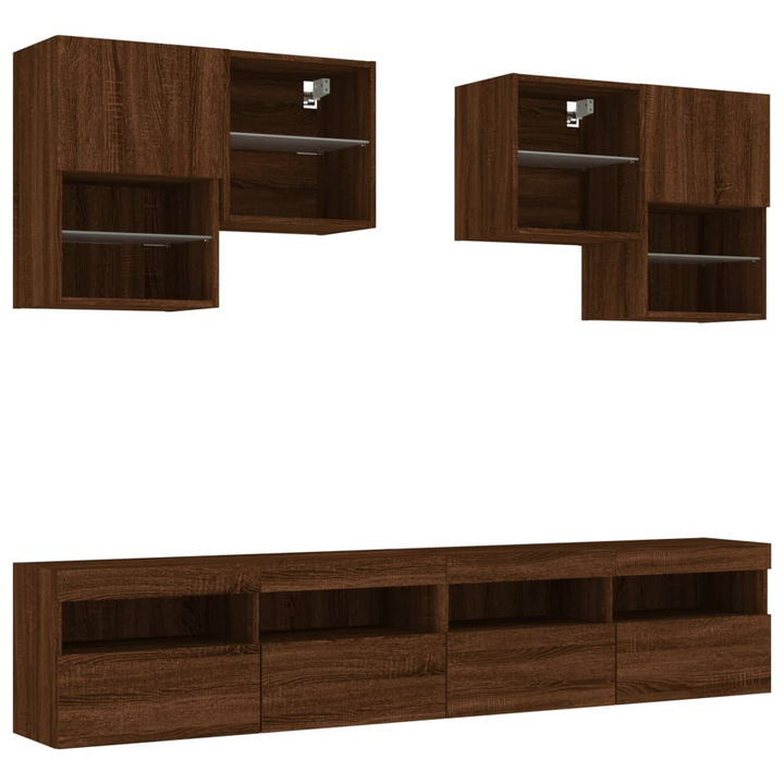 6 Piece TV Wall Cabinet Set with Customizable LED Lighting - Brown Oak Finish - Premium  from Home Treasures - Just £254.99! Shop now at Home Treasures