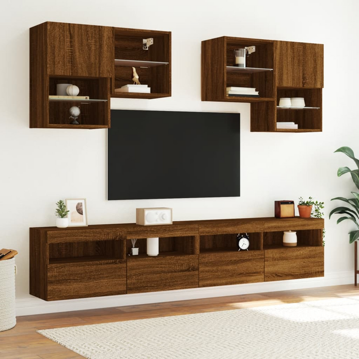 6 Piece TV Wall Cabinet Set with Customizable LED Lighting - Brown Oak Finish - Premium  from Home Treasures - Just £254.99! Shop now at Home Treasures