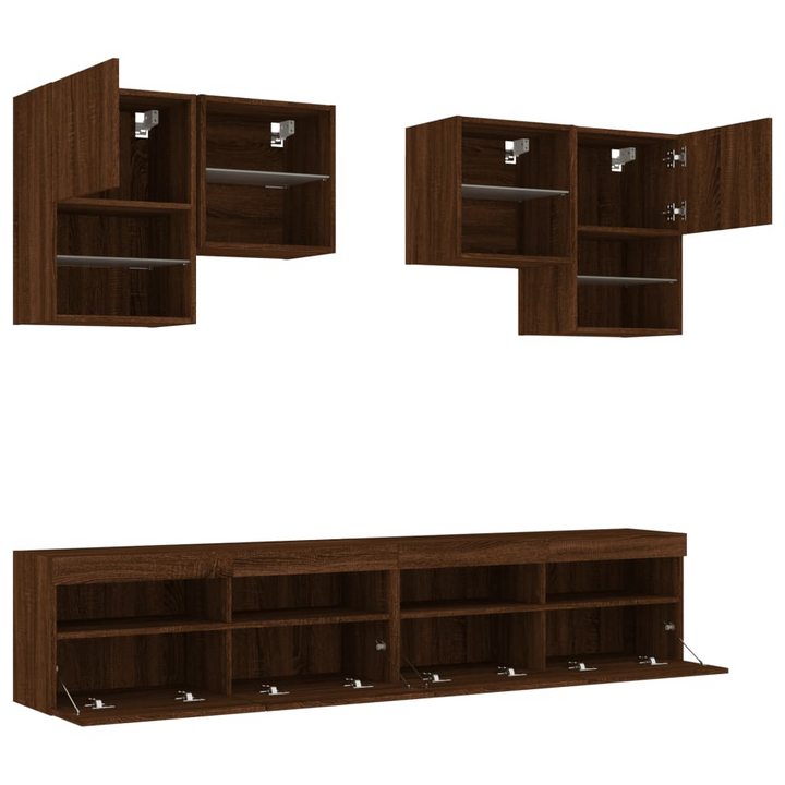 6 Piece TV Wall Cabinet Set with Customizable LED Lighting - Brown Oak Finish - Premium  from Home Treasures - Just £254.99! Shop now at Home Treasures