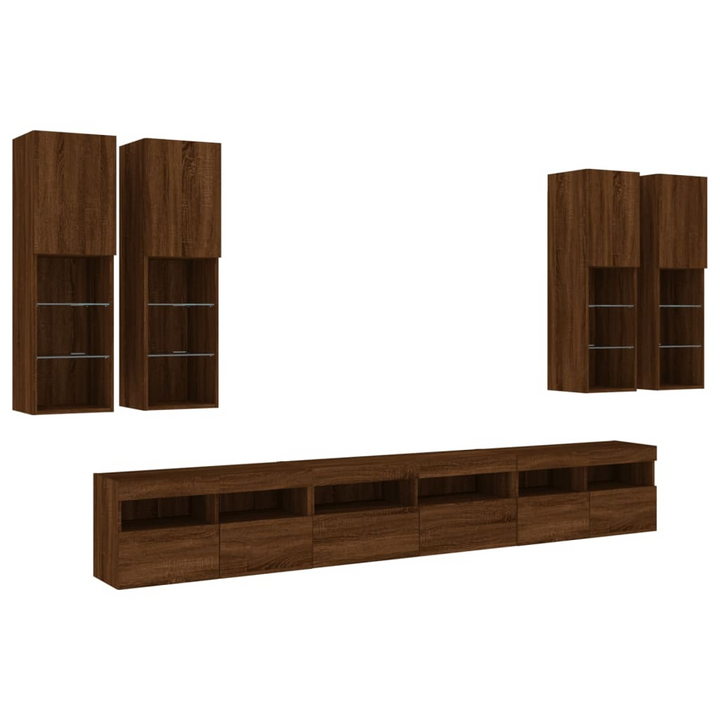 7 Piece Floating TV Wall Cabinet Set with RGB LED Lights - Modern Brown Oak Finish - Premium  from Home Treasures - Just £350.99! Shop now at Home Treasures