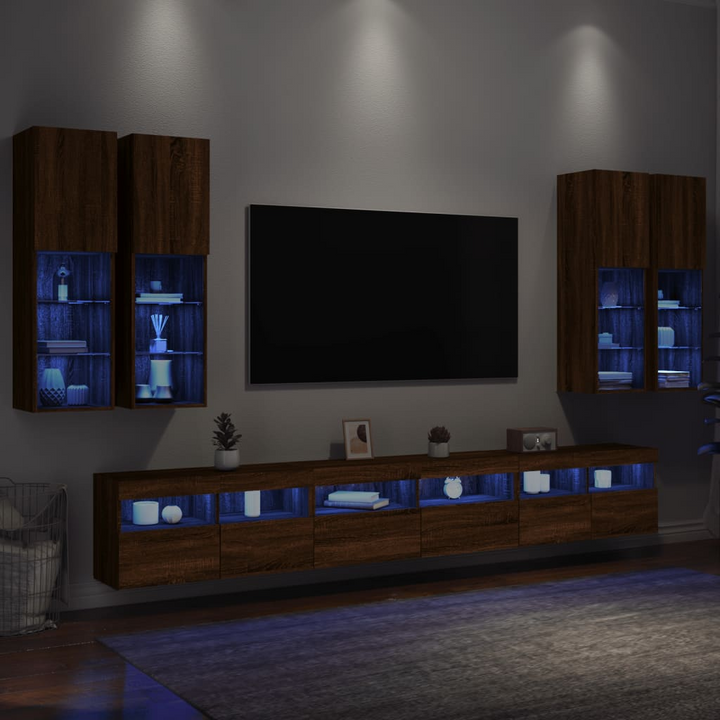 7 Piece Floating TV Wall Cabinet Set with RGB LED Lights - Modern Brown Oak Finish - Premium  from Home Treasures - Just £350.99! Shop now at Home Treasures