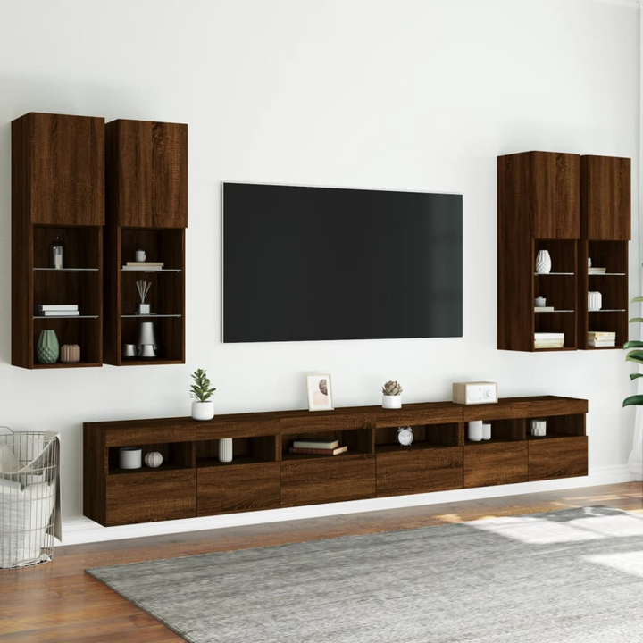 7 Piece Floating TV Wall Cabinet Set with RGB LED Lights - Modern Brown Oak Finish - Premium  from Home Treasures - Just £350.99! Shop now at Home Treasures