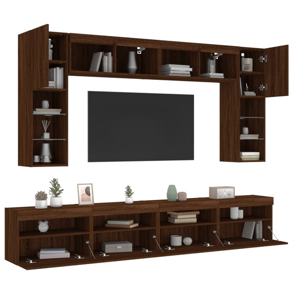 Stylish 8 Piece TV Wall Cabinet Set with Customizable LED Lights - Brown Oak Finish - Premium  from Home Treasures - Just £366.99! Shop now at Home Treasures