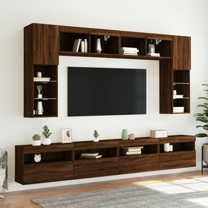 Stylish 8 Piece TV Wall Cabinet Set with Customizable LED Lights - Brown Oak Finish - Premium  from Home Treasures - Just £366.99! Shop now at Home Treasures