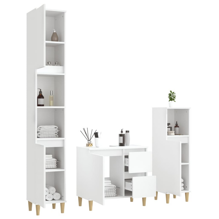 3 Piece Bathroom Cabinet Set - White Engineered Wood with Solid Eucalyptus Feet, Ample Storage, and Modern Design - Premium  from Home Treasures - Just £192.99! Shop now at Home Treasures