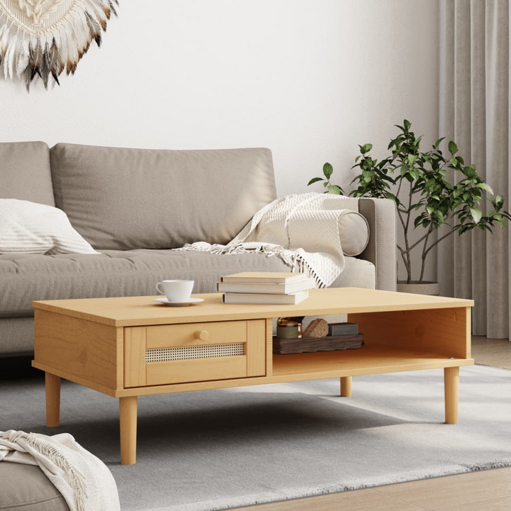 SENJA Coffee Table with a Rattan Look - Solid Wood, Stylish Brown Finish, 100x55x33 cm | Elegant Living Room Furniture - Premium  from Home Treasures - Just £72.99! Shop now at Home Treasures