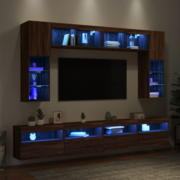 Stylish 8 Piece TV Wall Cabinet Set with Customizable LED Lights - Brown Oak Finish - Premium  from Home Treasures - Just £366.99! Shop now at Home Treasures