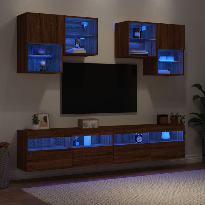 6 Piece TV Wall Cabinet Set with Customizable LED Lighting - Brown Oak Finish - Premium  from Home Treasures - Just £254.99! Shop now at Home Treasures