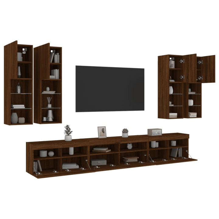 7 Piece Floating TV Wall Cabinet Set with RGB LED Lights - Modern Brown Oak Finish - Premium  from Home Treasures - Just £350.99! Shop now at Home Treasures