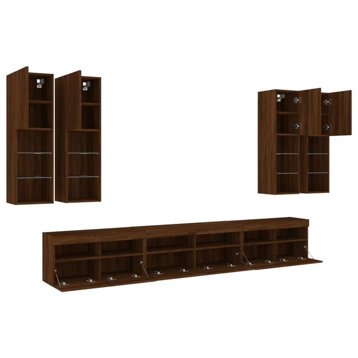 7 Piece Floating TV Wall Cabinet Set with RGB LED Lights - Modern Brown Oak Finish - Premium  from Home Treasures - Just £350.99! Shop now at Home Treasures