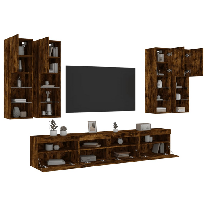 7 Piece TV Wall Cabinet Set with RGB LED Lights - Smoked Oak Finish, Modern Floating Design - Premium  from Home Treasures - Just £337.99! Shop now at Home Treasures