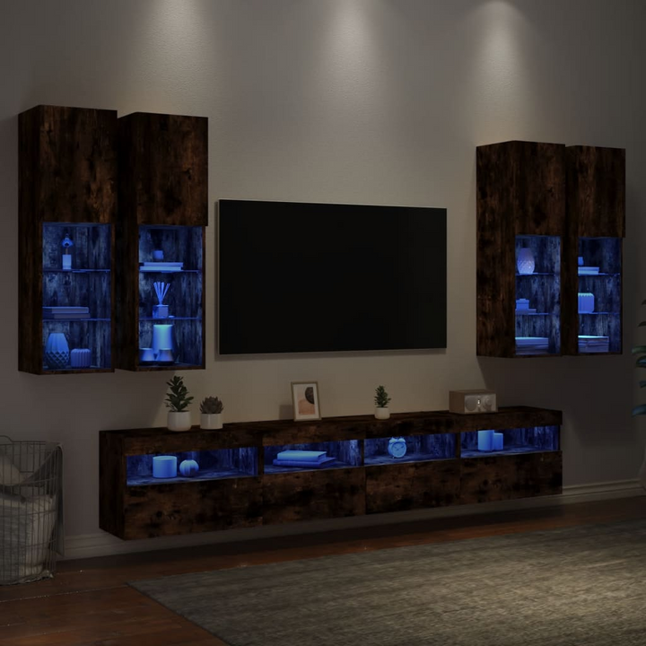 7 Piece TV Wall Cabinet Set with RGB LED Lights - Smoked Oak Finish, Modern Floating Design - Premium  from Home Treasures - Just £337.99! Shop now at Home Treasures