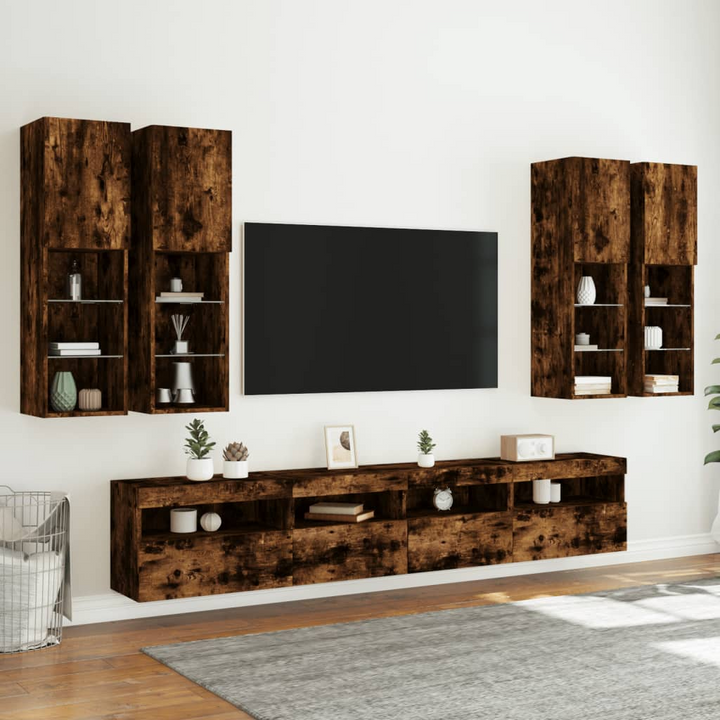 7 Piece TV Wall Cabinet Set with RGB LED Lights - Smoked Oak Finish, Modern Floating Design - Premium  from Home Treasures - Just £337.99! Shop now at Home Treasures