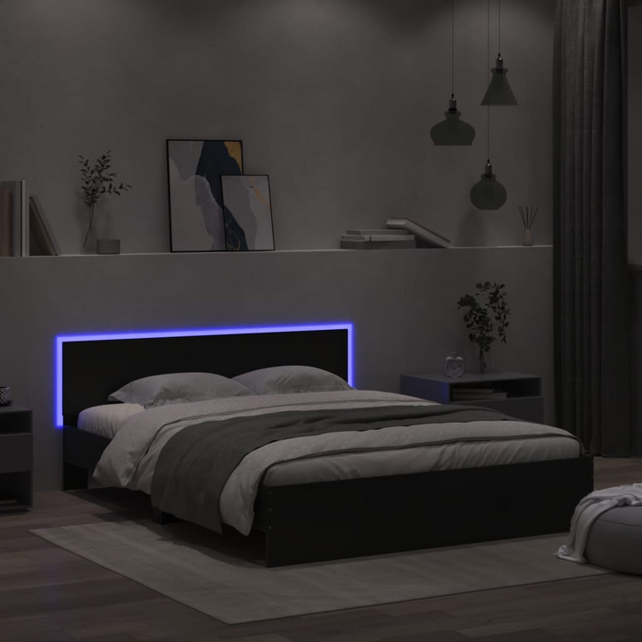 Black Bed Frame with RGB LED Lights, 160x200 cm - Modern Engineered Wood & Plywood Slats - Premium  from Home Treasures - Just £228.99! Shop now at Home Treasures