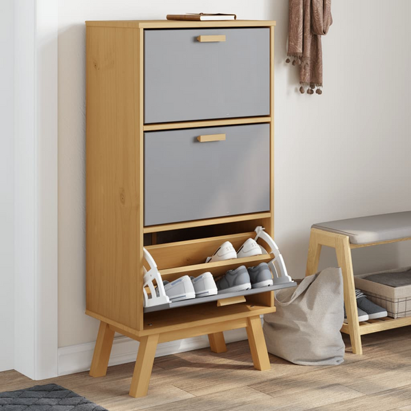 OLDEN Shoe Cabinet - Rustic Solid Pine Wood, Ample Storage, Grey and Brown, 55x35x120 cm - Premium  from Home Treasures - Just £142.99! Shop now at Home Treasures