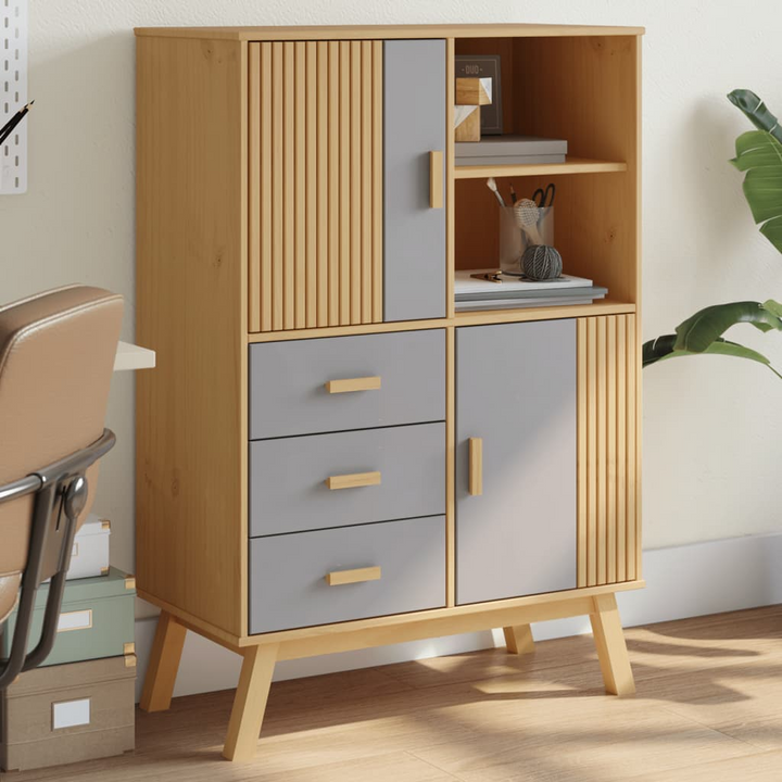 OLDEN Highboard - Stylish Grey and Brown Solid Pine Wood Cabinet, Ample Storage, 85x43x125 cm - Premium  from Home Treasures - Just £261.99! Shop now at Home Treasures