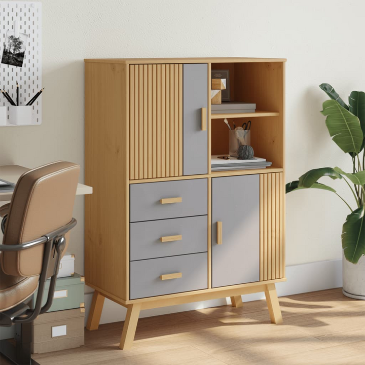 OLDEN Highboard - Stylish Grey and Brown Solid Pine Wood Cabinet, Ample Storage, 85x43x125 cm - Premium  from Home Treasures - Just £261.99! Shop now at Home Treasures