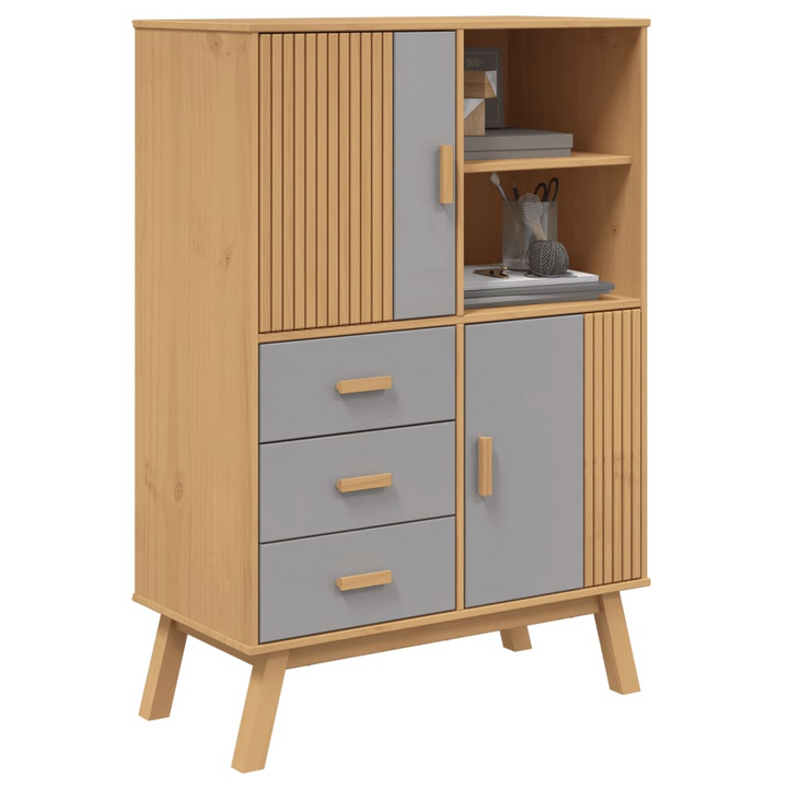 OLDEN Highboard - Stylish Grey and Brown Solid Pine Wood Cabinet, Ample Storage, 85x43x125 cm - Premium  from Home Treasures - Just £261.99! Shop now at Home Treasures