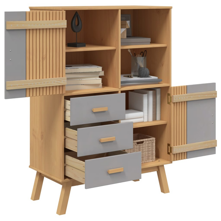 OLDEN Highboard - Stylish Grey and Brown Solid Pine Wood Cabinet, Ample Storage, 85x43x125 cm - Premium  from Home Treasures - Just £261.99! Shop now at Home Treasures