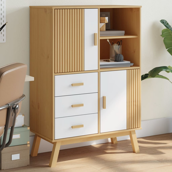 OLDEN Highboard - White & Brown 85x43x125 cm, Solid Pine Wood Storage Cabinet - Premium  from Home Treasures - Just £313.99! Shop now at Home Treasures