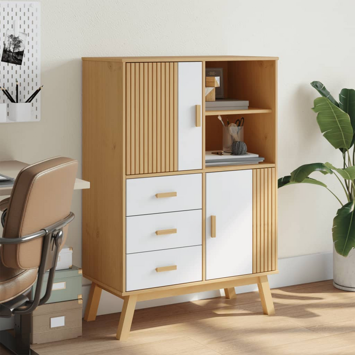 OLDEN Highboard - White & Brown 85x43x125 cm, Solid Pine Wood Storage Cabinet - Premium  from Home Treasures - Just £313.99! Shop now at Home Treasures